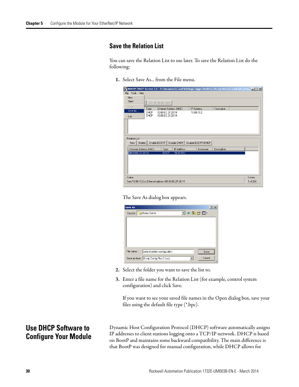 Save the relation list, Use dhcp software to configure your module | Rockwell Automation 1732E-OB8M8SR EtherNet/IP Dual Port 8-Point SOE Input and Scheduled Output Modules UM User Manual | Page 40 / 146