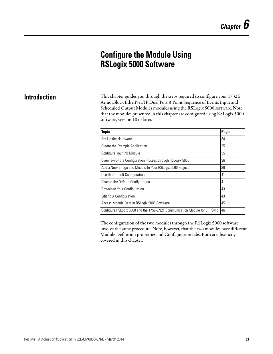 Configure the module using rslogix 5000 software, Introduction, Chapter | Rockwell Automation 1732E-OB8M8SR EtherNet/IP Dual Port 8-Point SOE Input and Scheduled Output Modules UM User Manual | Page 43 / 146