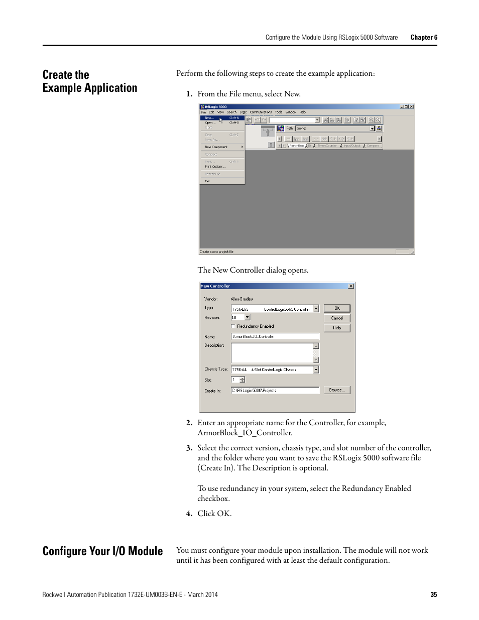 Create the example application, Configure your i/o module | Rockwell Automation 1732E-OB8M8SR EtherNet/IP Dual Port 8-Point SOE Input and Scheduled Output Modules UM User Manual | Page 45 / 146