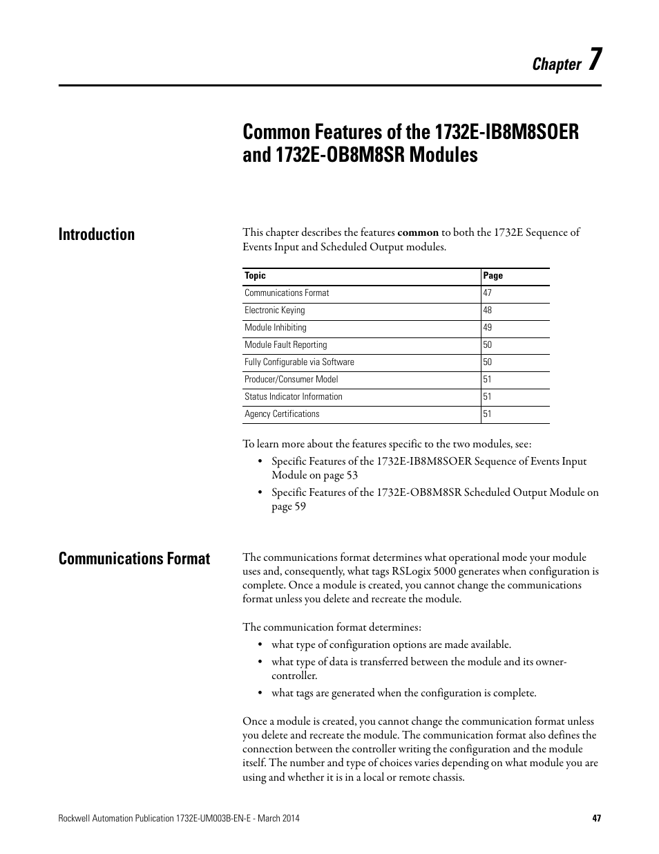 Introduction, Communications format, Chapter | Rockwell Automation 1732E-OB8M8SR EtherNet/IP Dual Port 8-Point SOE Input and Scheduled Output Modules UM User Manual | Page 57 / 146