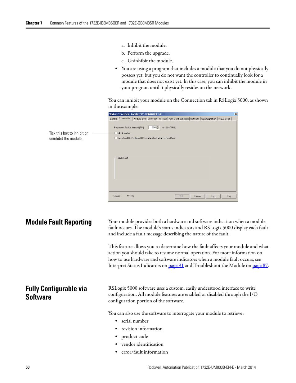 Module fault reporting, Fully configurable via software | Rockwell Automation 1732E-OB8M8SR EtherNet/IP Dual Port 8-Point SOE Input and Scheduled Output Modules UM User Manual | Page 60 / 146