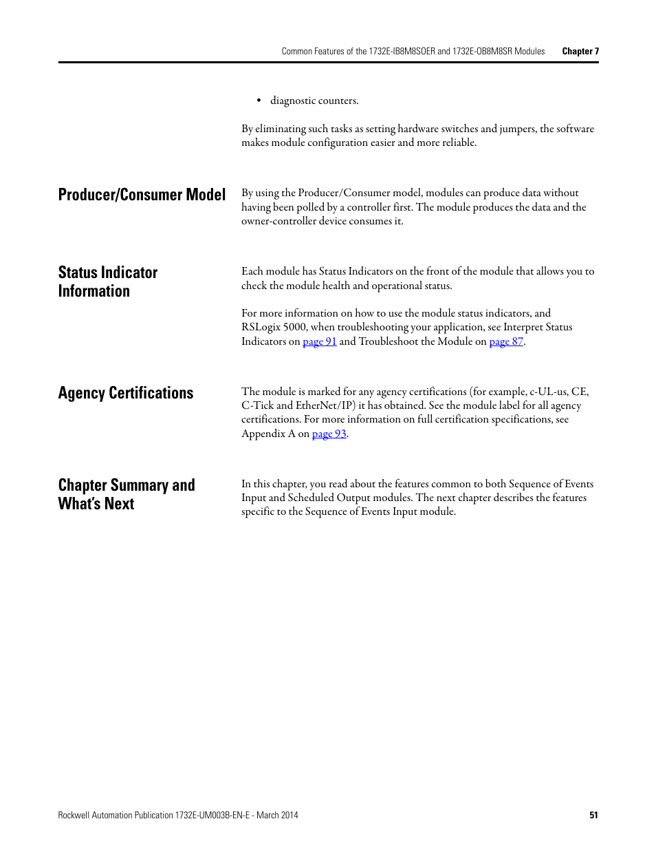 Producer/consumer model, Status indicator information, Agency certifications | Chapter summary and what’s next | Rockwell Automation 1732E-OB8M8SR EtherNet/IP Dual Port 8-Point SOE Input and Scheduled Output Modules UM User Manual | Page 61 / 146