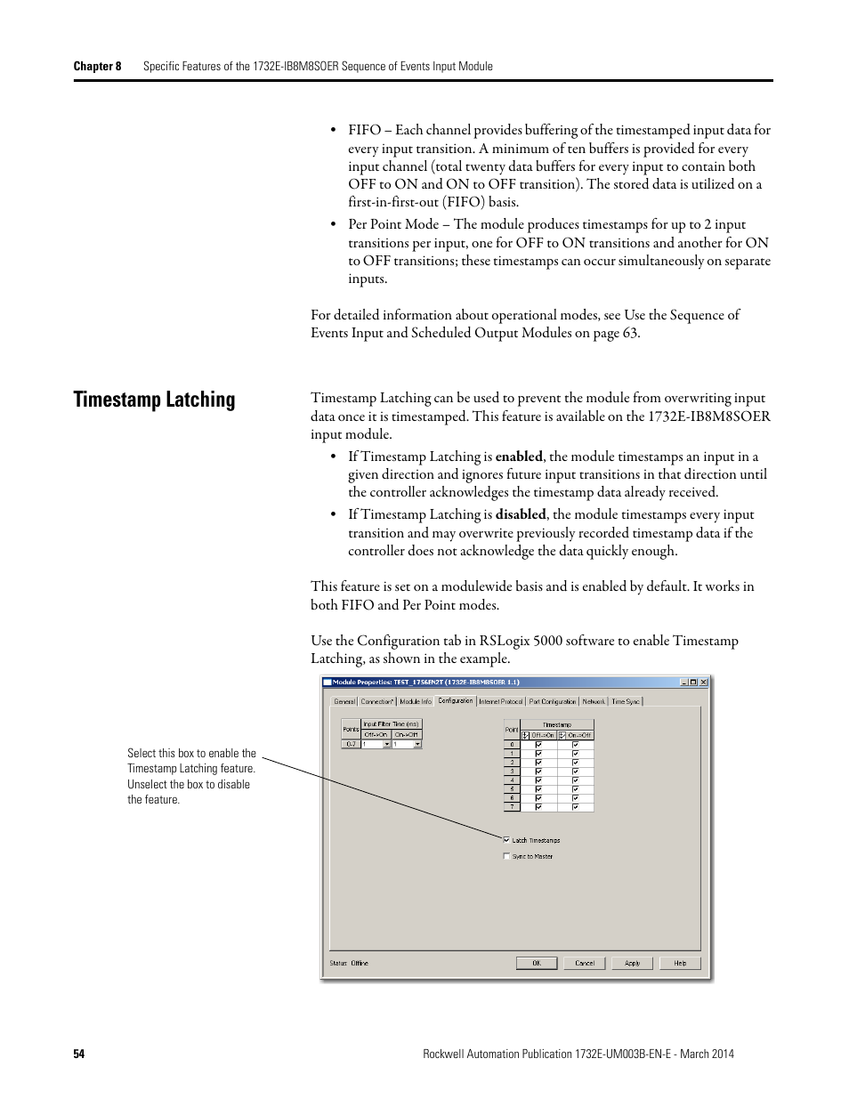 Timestamp latching | Rockwell Automation 1732E-OB8M8SR EtherNet/IP Dual Port 8-Point SOE Input and Scheduled Output Modules UM User Manual | Page 64 / 146