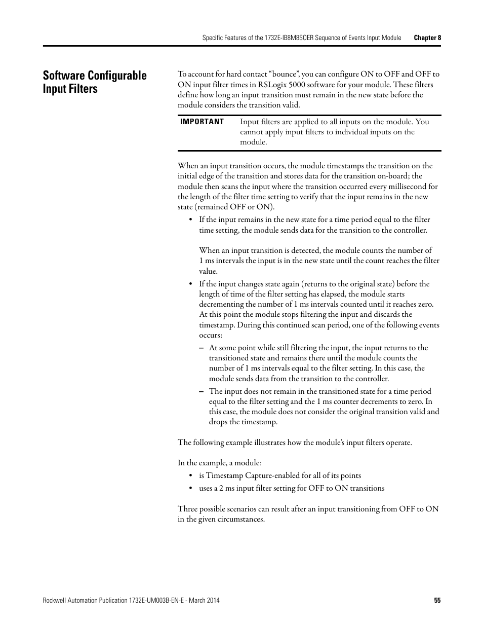 Software configurable input filters | Rockwell Automation 1732E-OB8M8SR EtherNet/IP Dual Port 8-Point SOE Input and Scheduled Output Modules UM User Manual | Page 65 / 146