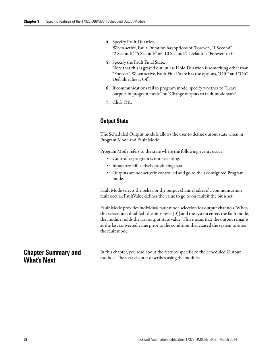 Output state, Chapter summary and what’s next | Rockwell Automation 1732E-OB8M8SR EtherNet/IP Dual Port 8-Point SOE Input and Scheduled Output Modules UM User Manual | Page 72 / 146