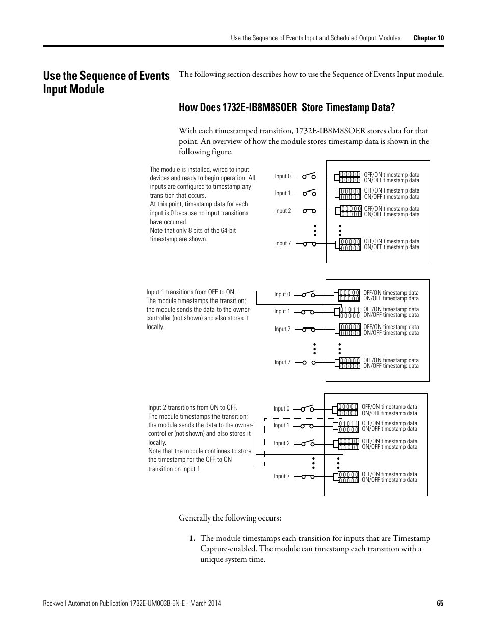 Use the sequence of events input module, How does 1732e-ib8m8soer store timestamp data | Rockwell Automation 1732E-OB8M8SR EtherNet/IP Dual Port 8-Point SOE Input and Scheduled Output Modules UM User Manual | Page 75 / 146