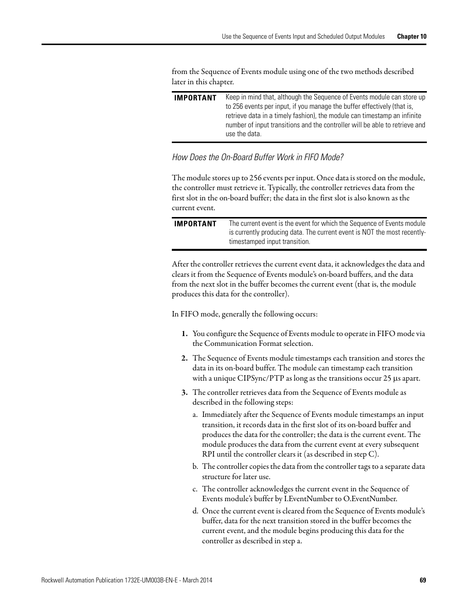 How does the on-board buffer work in fifo mode | Rockwell Automation 1732E-OB8M8SR EtherNet/IP Dual Port 8-Point SOE Input and Scheduled Output Modules UM User Manual | Page 79 / 146