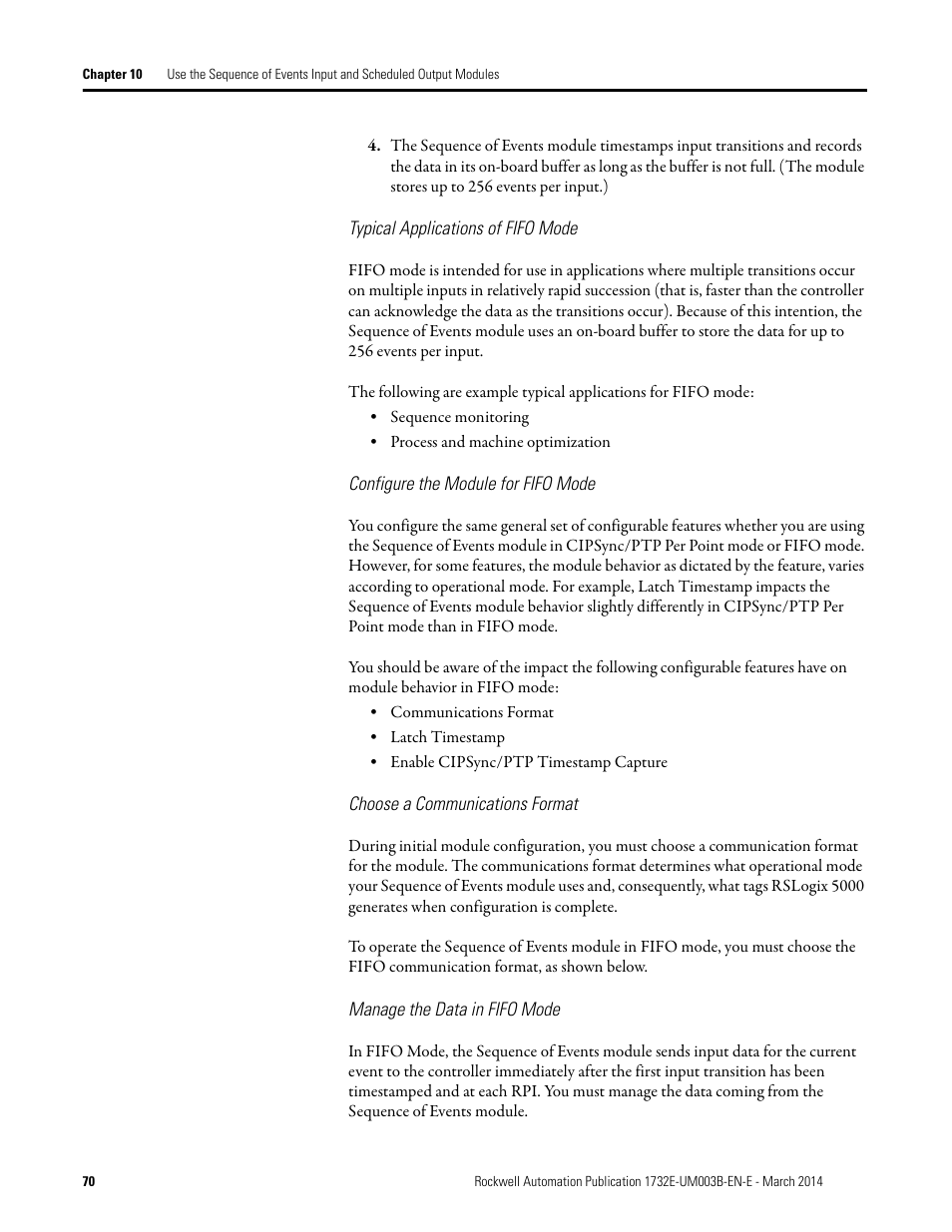 Typical applications of fifo mode, Configure the module for fifo mode, Choose a communications format | Manage the data in fifo mode | Rockwell Automation 1732E-OB8M8SR EtherNet/IP Dual Port 8-Point SOE Input and Scheduled Output Modules UM User Manual | Page 80 / 146