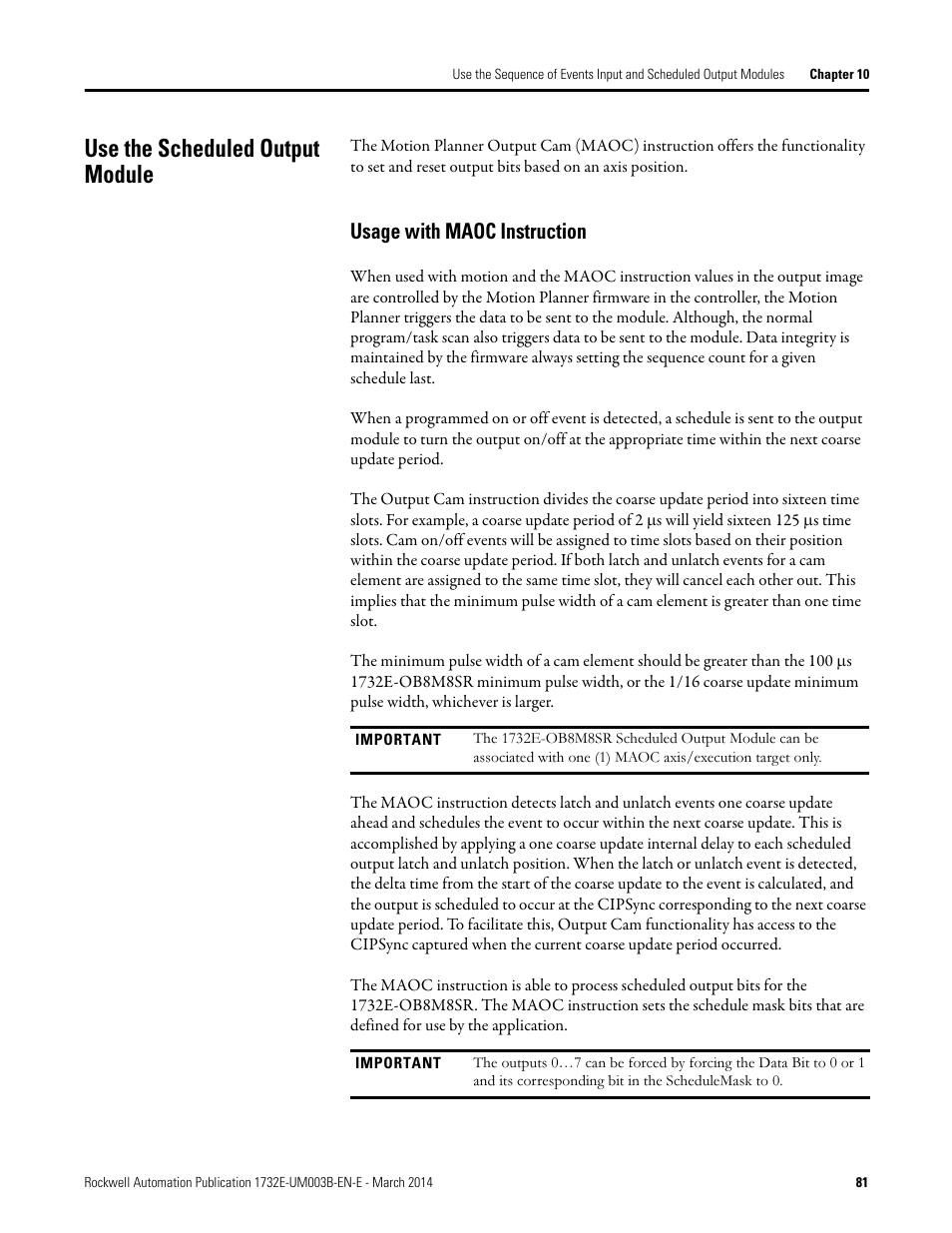 Use the scheduled output module, Usage with maoc instruction | Rockwell Automation 1732E-OB8M8SR EtherNet/IP Dual Port 8-Point SOE Input and Scheduled Output Modules UM User Manual | Page 91 / 146