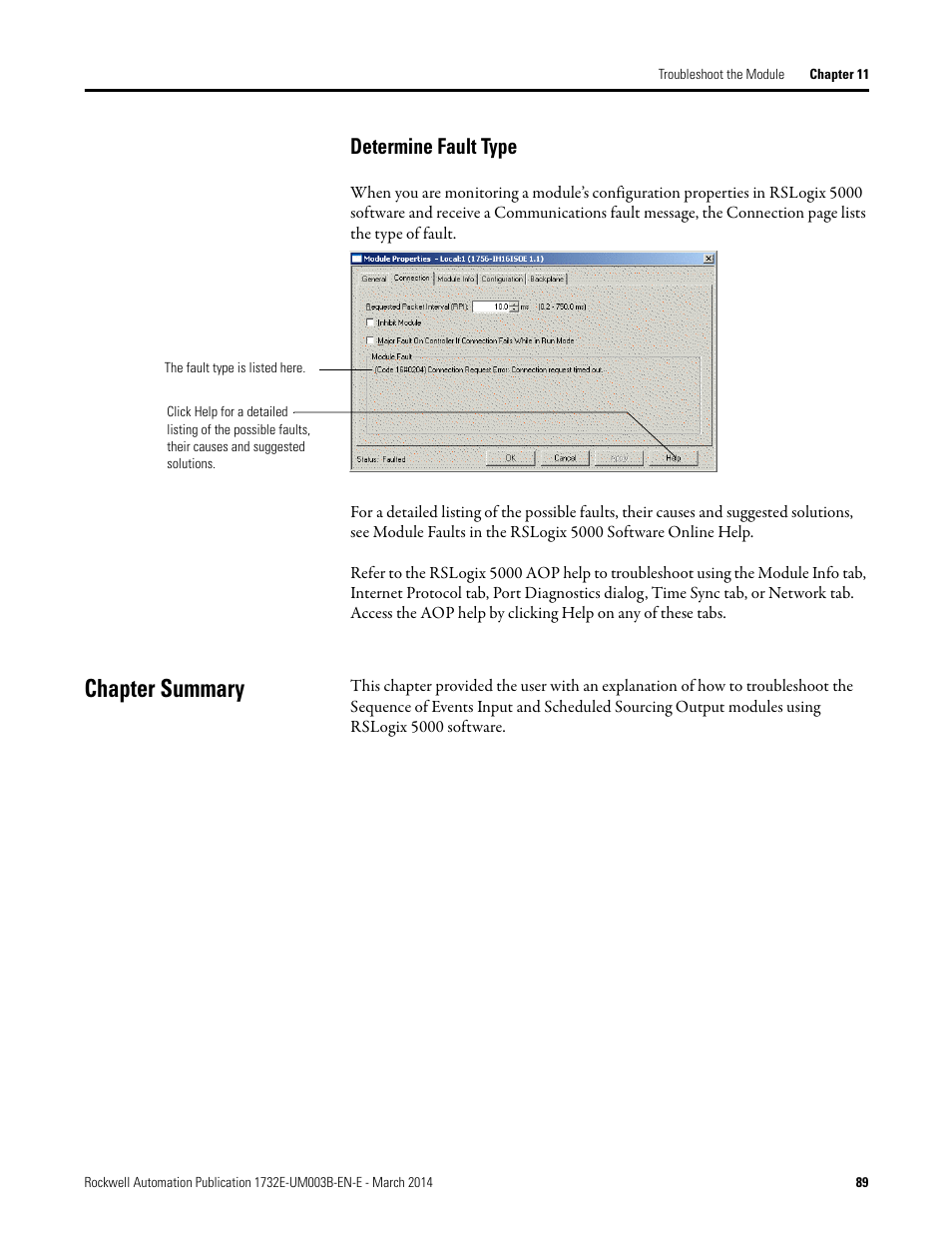 Determine fault type, Chapter summary | Rockwell Automation 1732E-OB8M8SR EtherNet/IP Dual Port 8-Point SOE Input and Scheduled Output Modules UM User Manual | Page 99 / 146