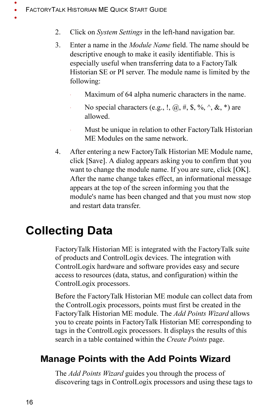 Collecting data, Manage points with the add points wizard | Rockwell Automation FactoryTalk Historian ME 2.2 Quick Start Guide User Manual | Page 20 / 48