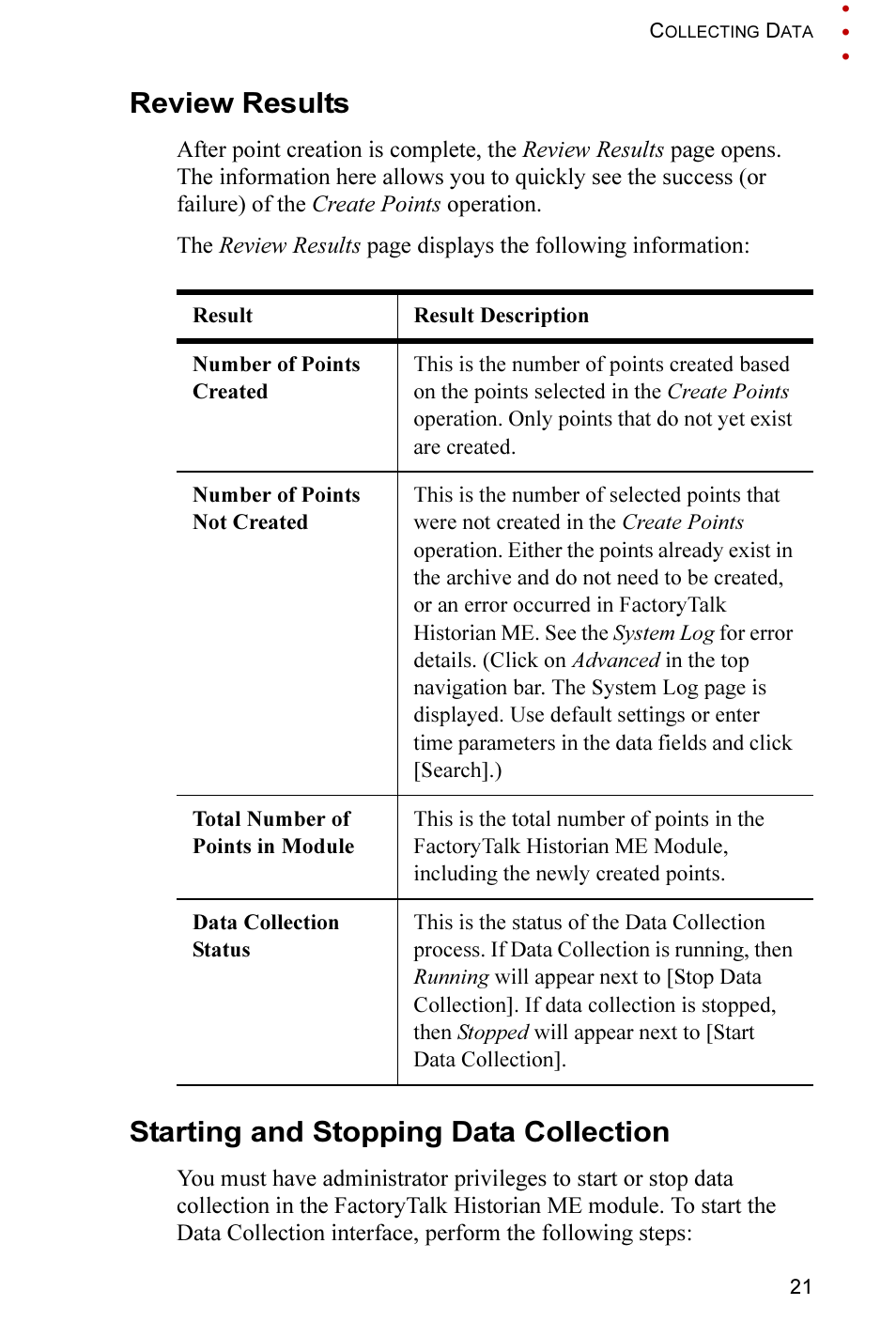 Review results, Starting and stopping data collection | Rockwell Automation FactoryTalk Historian ME 2.2 Quick Start Guide User Manual | Page 25 / 48