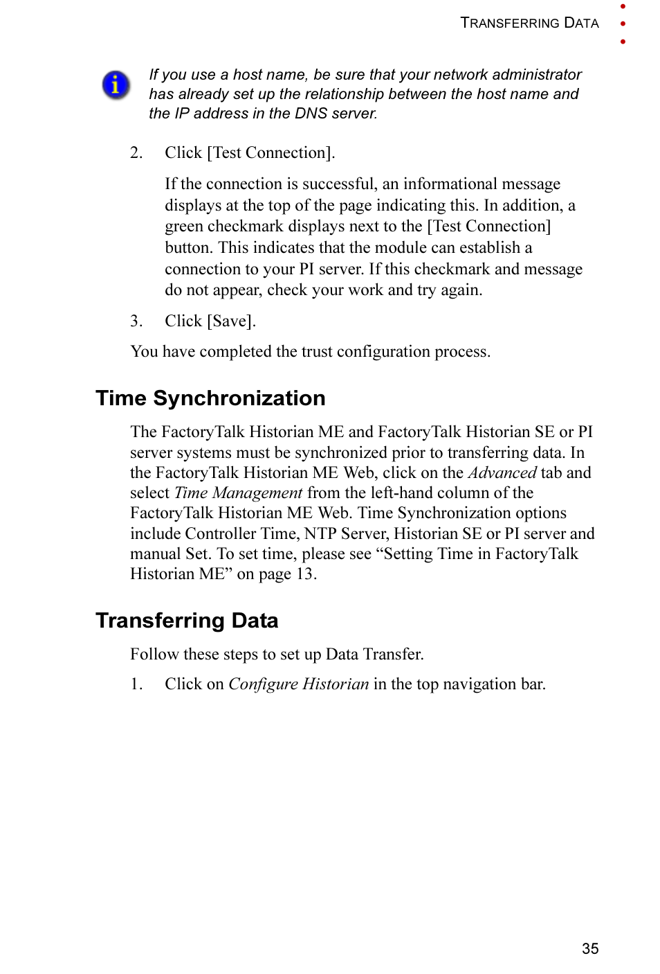 Time synchronization, Transferring data, Time synchronization transferring data | Rockwell Automation FactoryTalk Historian ME 2.2 Quick Start Guide User Manual | Page 39 / 48
