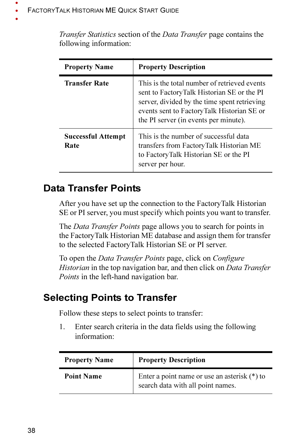 Data transfer points, Selecting points to transfer, Data transfer points selecting points to transfer | Rockwell Automation FactoryTalk Historian ME 2.2 Quick Start Guide User Manual | Page 42 / 48