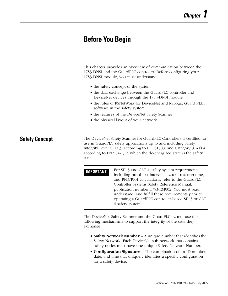 1 - before you begin, Safety concept, Chapter 1 | Before you begin, Safety concept -1, Chapter | Rockwell Automation 1753-DNSI DeviceNet Safety Scanner for GuardPLC Controllers User Manual | Page 11 / 132