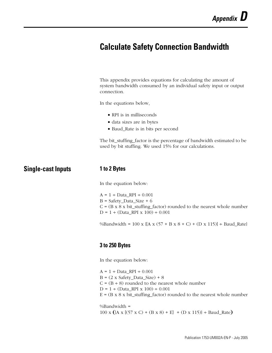 D - calculate safety connection bandwidth, Single-cast inputs, Appendix d | Calculate safety connection bandwidth, Appendix | Rockwell Automation 1753-DNSI DeviceNet Safety Scanner for GuardPLC Controllers User Manual | Page 117 / 132