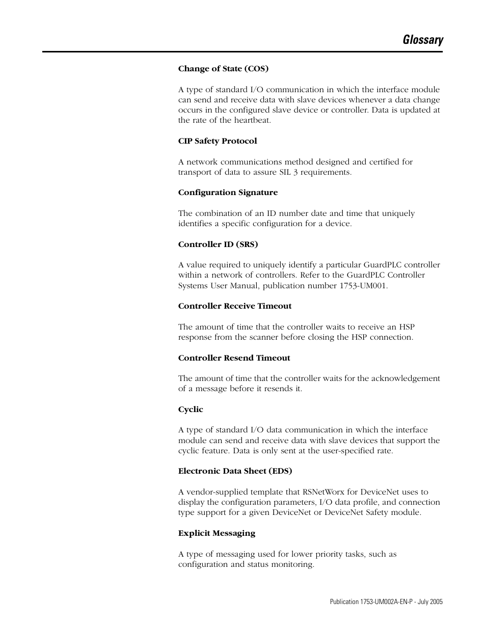 Glossary | Rockwell Automation 1753-DNSI DeviceNet Safety Scanner for GuardPLC Controllers User Manual | Page 121 / 132