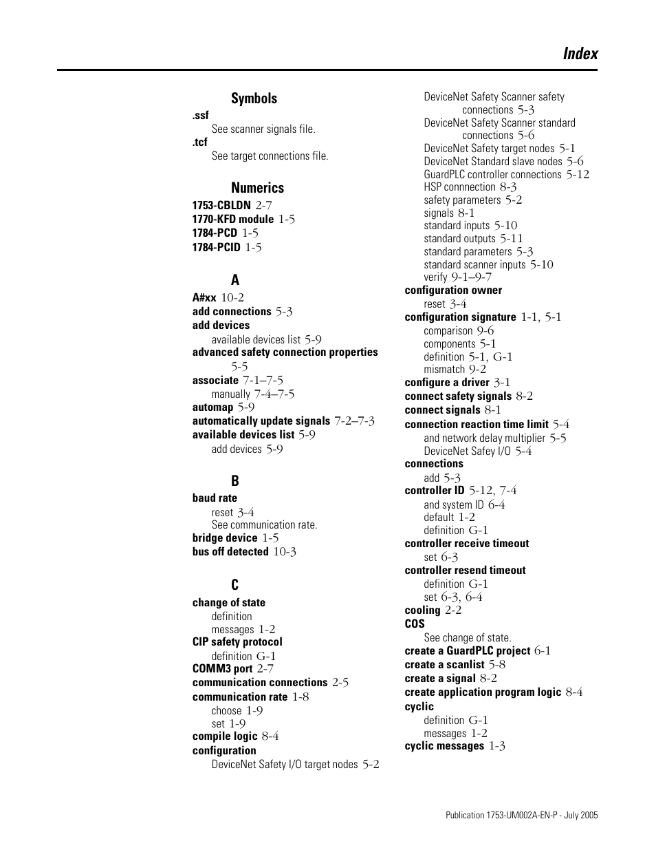 Index | Rockwell Automation 1753-DNSI DeviceNet Safety Scanner for GuardPLC Controllers User Manual | Page 125 / 132