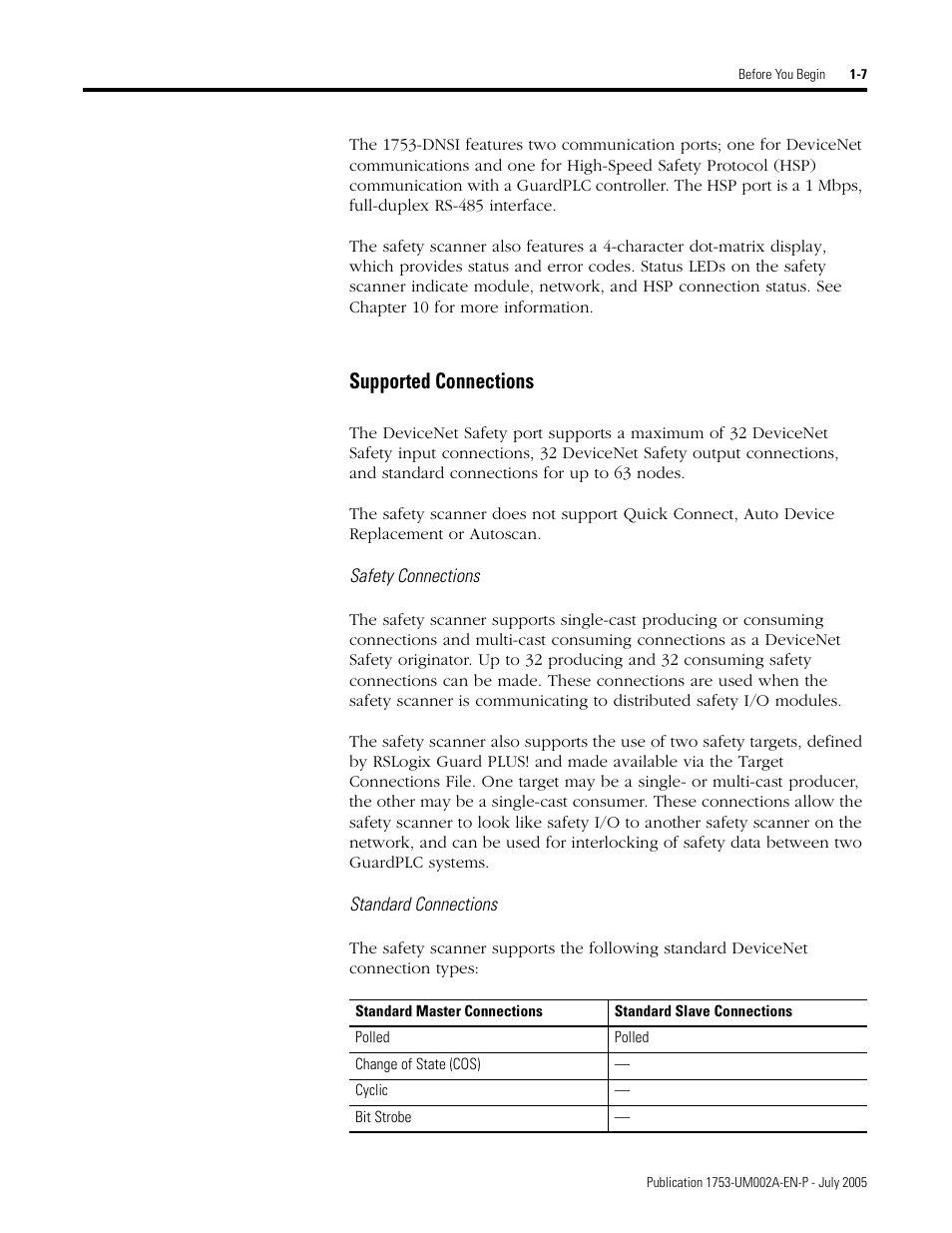 Supported connections -7, Supported connections | Rockwell Automation 1753-DNSI DeviceNet Safety Scanner for GuardPLC Controllers User Manual | Page 17 / 132