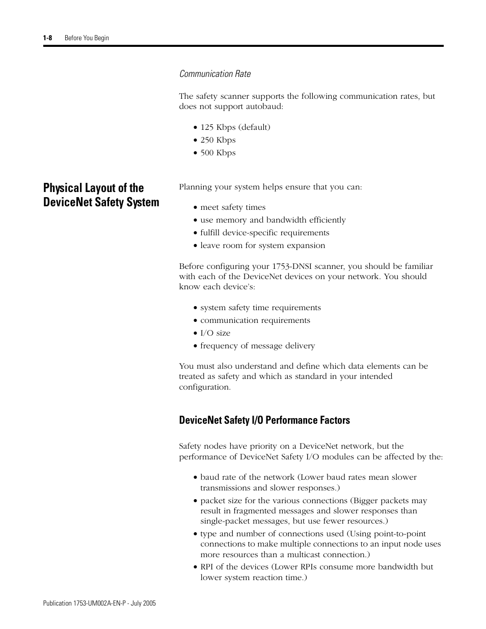 Physical layout of the devicenet safety system, Physical layout of the devicenet safety system -8, Devicenet safety i/o performance factors -8 | Devicenet safety i/o performance factors | Rockwell Automation 1753-DNSI DeviceNet Safety Scanner for GuardPLC Controllers User Manual | Page 18 / 132