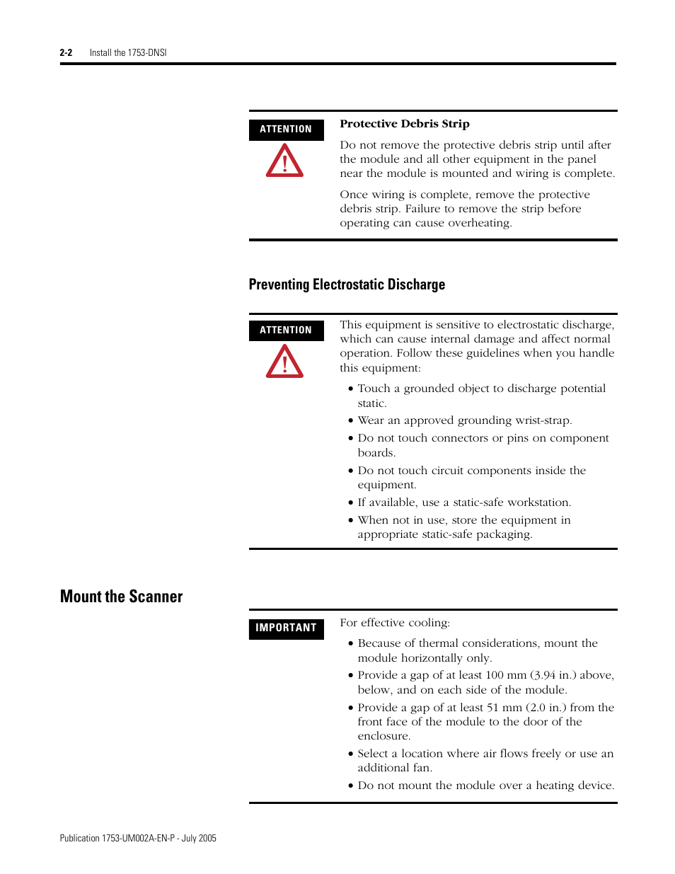 Mount the scanner, Preventing electrostatic discharge -2, Mount the scanner -2 | Preventing electrostatic discharge | Rockwell Automation 1753-DNSI DeviceNet Safety Scanner for GuardPLC Controllers User Manual | Page 22 / 132