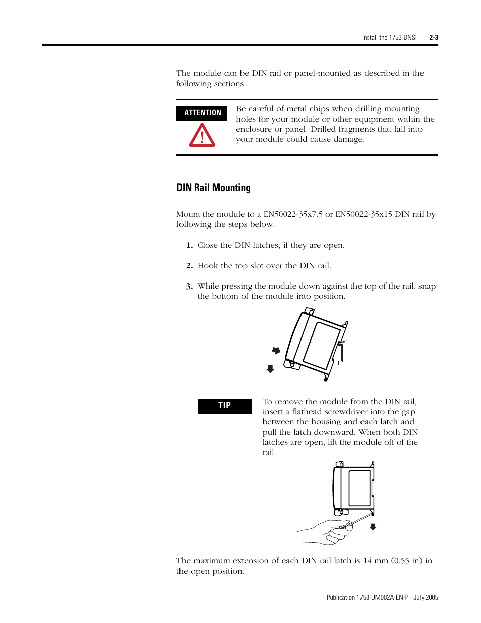 Din rail mounting -3, Din rail mounting | Rockwell Automation 1753-DNSI DeviceNet Safety Scanner for GuardPLC Controllers User Manual | Page 23 / 132