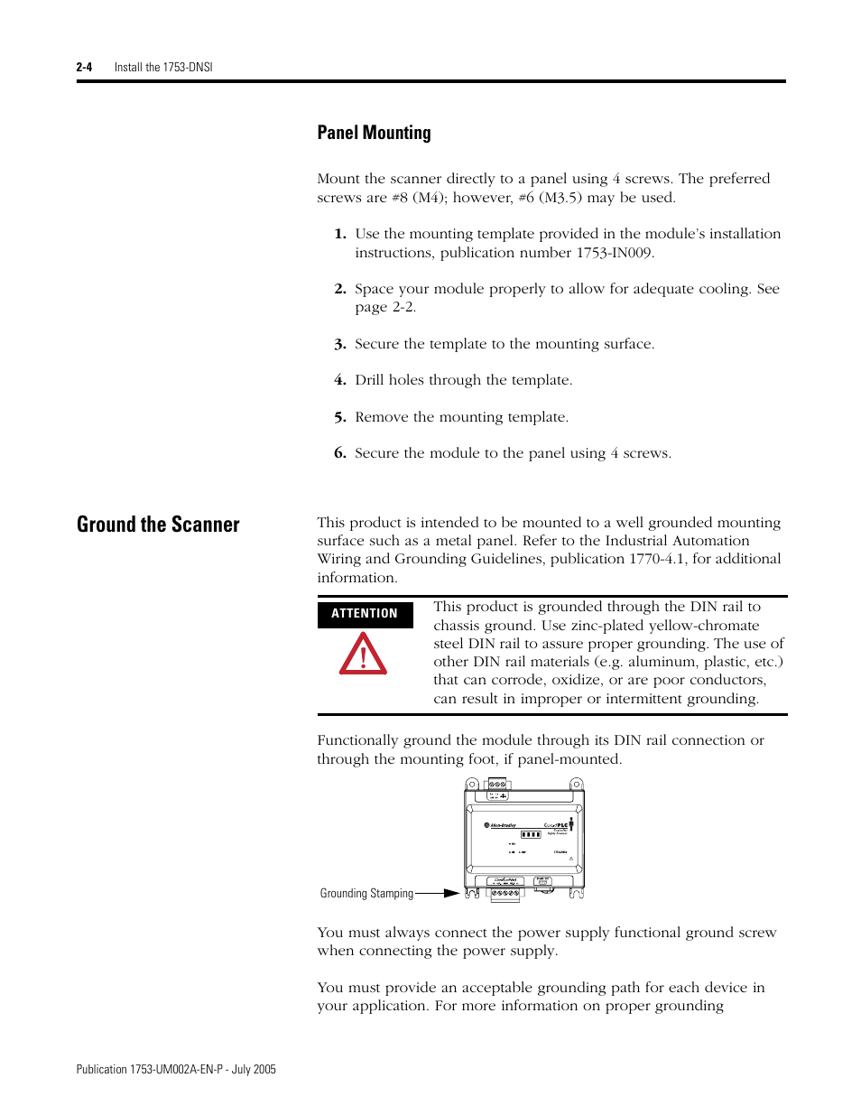 Ground the scanner, Panel mounting -4, Ground the scanner -4 | Panel mounting | Rockwell Automation 1753-DNSI DeviceNet Safety Scanner for GuardPLC Controllers User Manual | Page 24 / 132