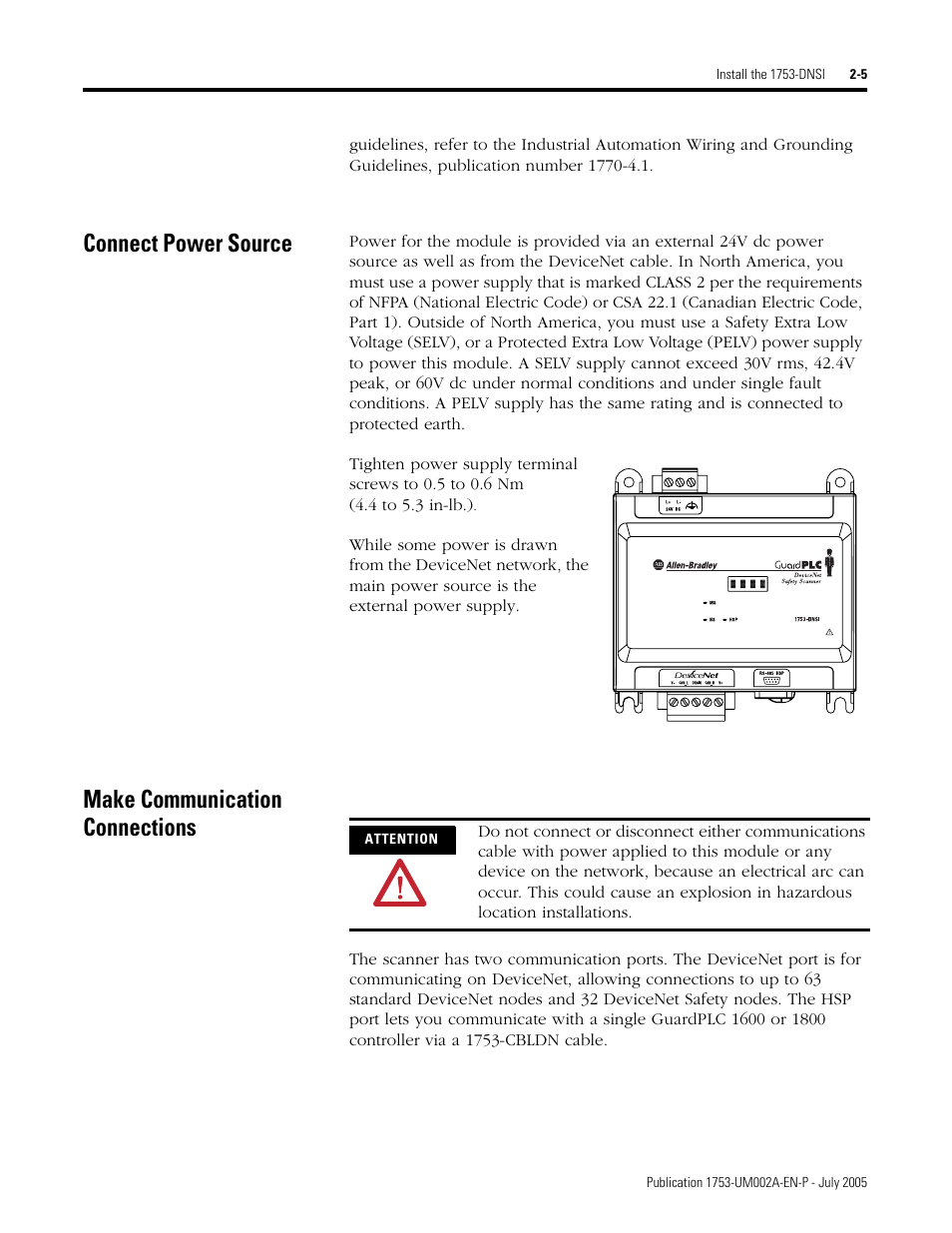 Connect power source, Make communication connections | Rockwell Automation 1753-DNSI DeviceNet Safety Scanner for GuardPLC Controllers User Manual | Page 25 / 132