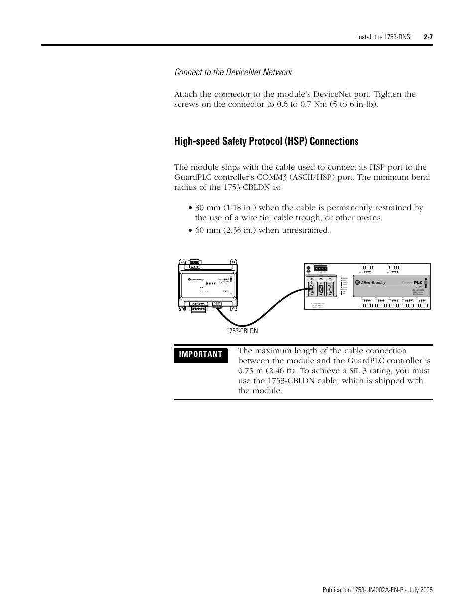 High-speed safety protocol (hsp) connections -7, High-speed safety protocol (hsp) connections, Connect to the devicenet network | Important, 1753-cbldn | Rockwell Automation 1753-DNSI DeviceNet Safety Scanner for GuardPLC Controllers User Manual | Page 27 / 132