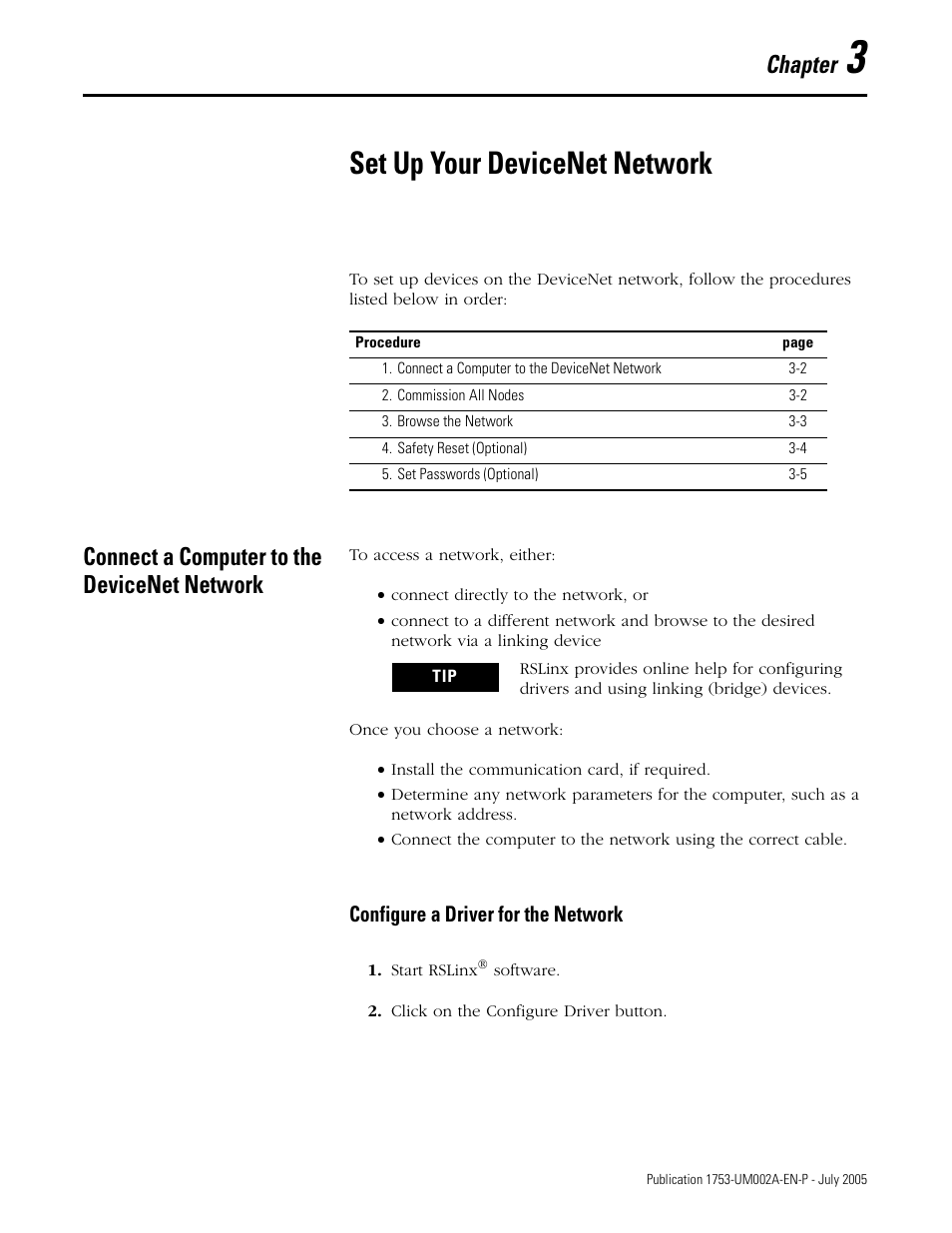 3 - set up your devicenet network, Connect a computer to the devicenet network, Chapter 3 | Set up your devicenet network, Connect a computer to the devicenet network -1, Configure a driver for the network -1, Chapter | Rockwell Automation 1753-DNSI DeviceNet Safety Scanner for GuardPLC Controllers User Manual | Page 29 / 132