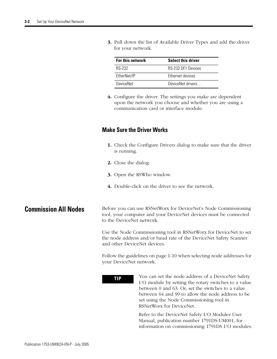 Commission all nodes, Make sure the driver works -2, Commission all nodes -2 | Make sure the driver works | Rockwell Automation 1753-DNSI DeviceNet Safety Scanner for GuardPLC Controllers User Manual | Page 30 / 132