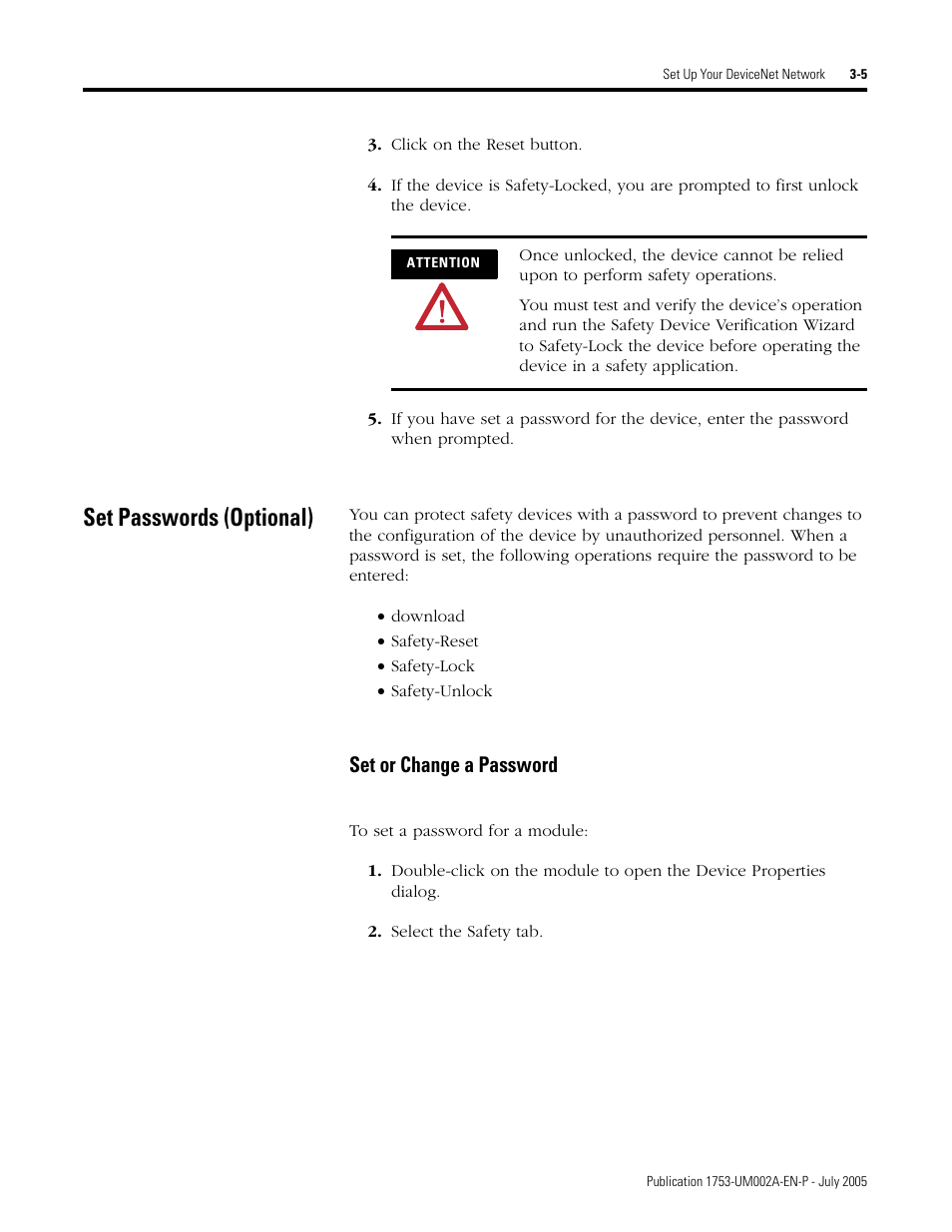 Set passwords (optional), Set passwords (optional) -5, Set or change a password -5 | To set a password for a module: -5, Set or change a password | Rockwell Automation 1753-DNSI DeviceNet Safety Scanner for GuardPLC Controllers User Manual | Page 33 / 132