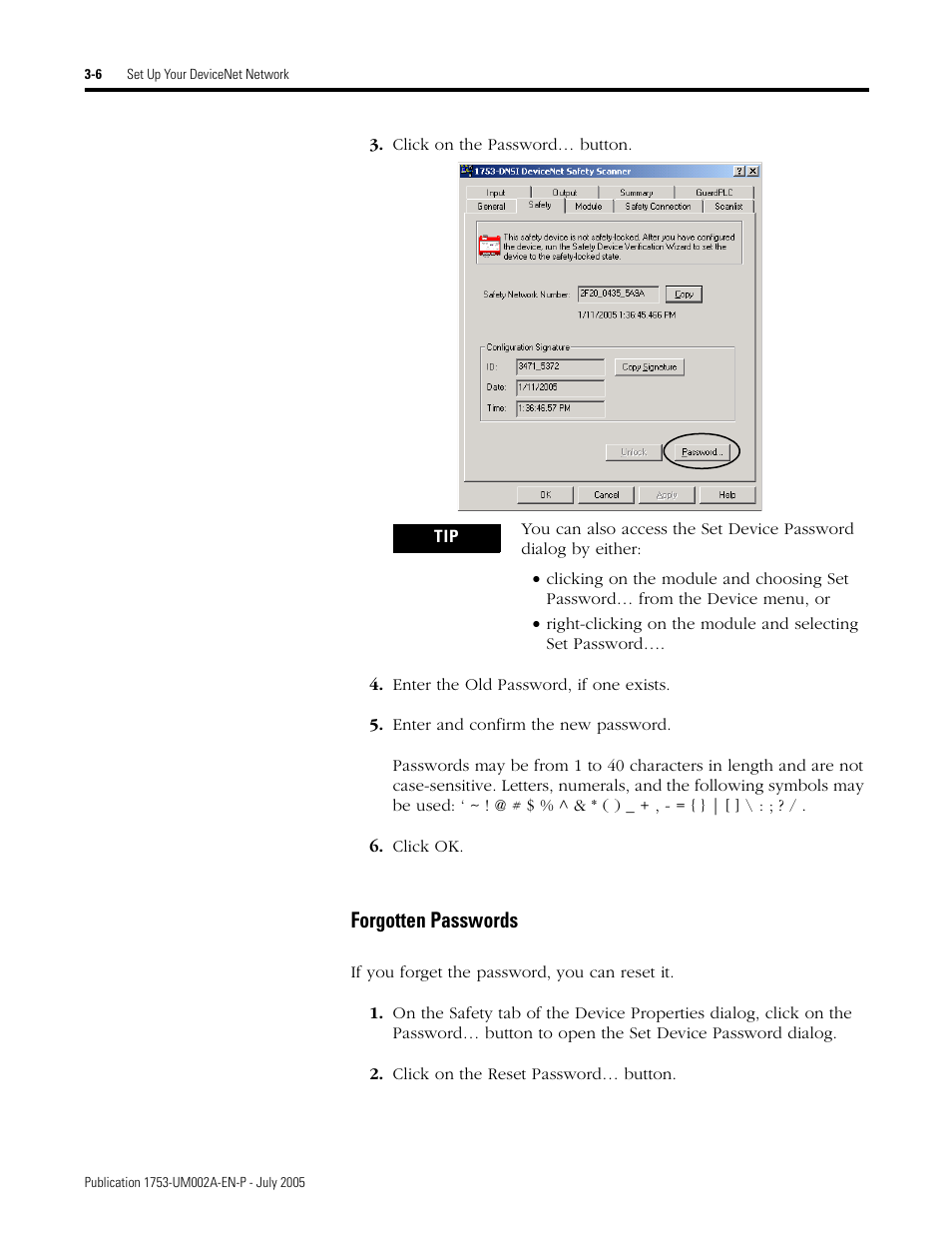 Forgotten passwords -6, Forgotten passwords | Rockwell Automation 1753-DNSI DeviceNet Safety Scanner for GuardPLC Controllers User Manual | Page 34 / 132