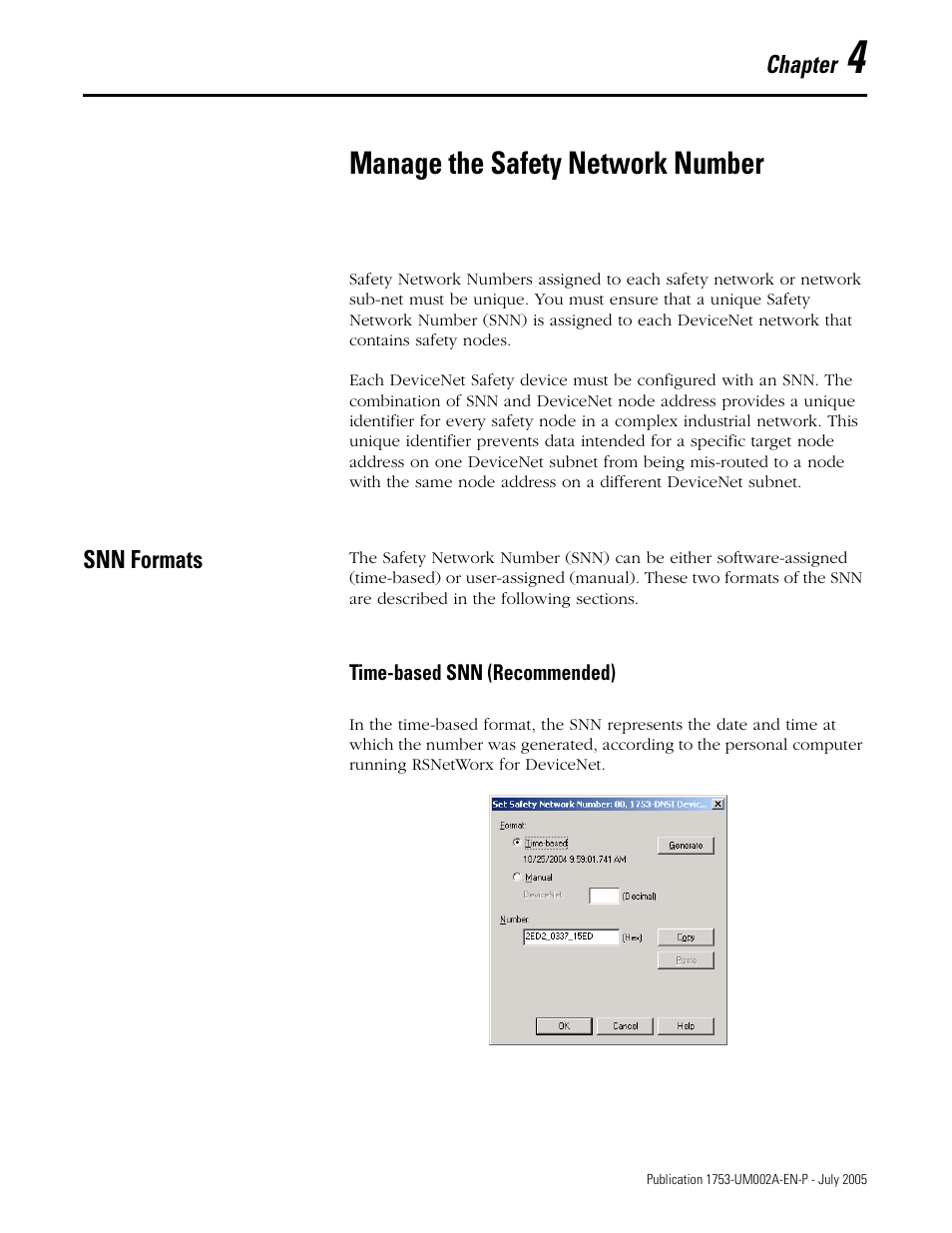 4 - manage the safety network number, Snn formats, Chapter 4 | Manage the safety network number, Snn formats -1, Time-based snn (recommended) -1 | Rockwell Automation 1753-DNSI DeviceNet Safety Scanner for GuardPLC Controllers User Manual | Page 37 / 132