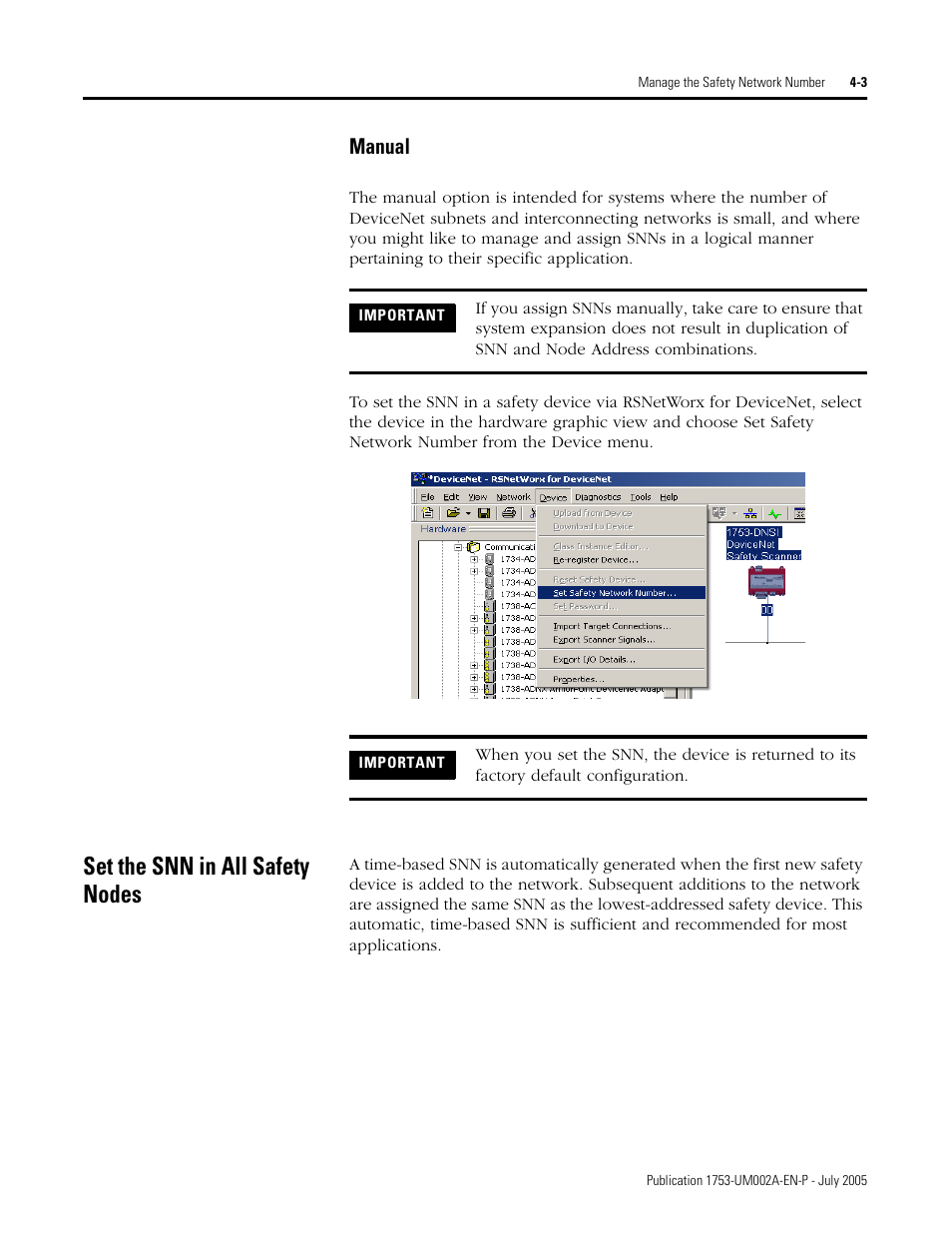 Set the snn in all safety nodes, Manual -3, Set the snn in all safety nodes -3 | Manual | Rockwell Automation 1753-DNSI DeviceNet Safety Scanner for GuardPLC Controllers User Manual | Page 39 / 132