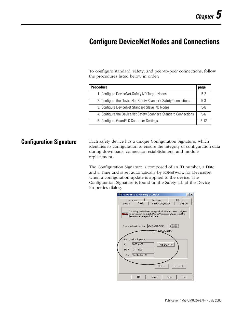 5 - configure devicenet nodes and connections, Configuration signature, Chapter 5 | Configure devicenet nodes and connections, Configuration signature -1, Chapter | Rockwell Automation 1753-DNSI DeviceNet Safety Scanner for GuardPLC Controllers User Manual | Page 43 / 132