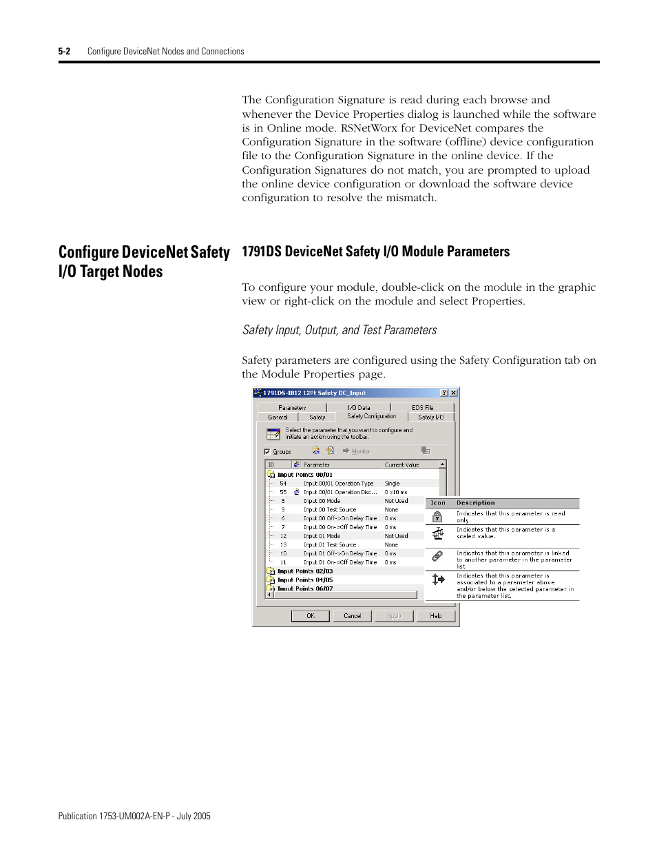 Configure devicenet safety i/o target nodes, Configure devicenet safety i/o target nodes -2, 1791ds devicenet safety i/o module parameters -2 | Rockwell Automation 1753-DNSI DeviceNet Safety Scanner for GuardPLC Controllers User Manual | Page 44 / 132