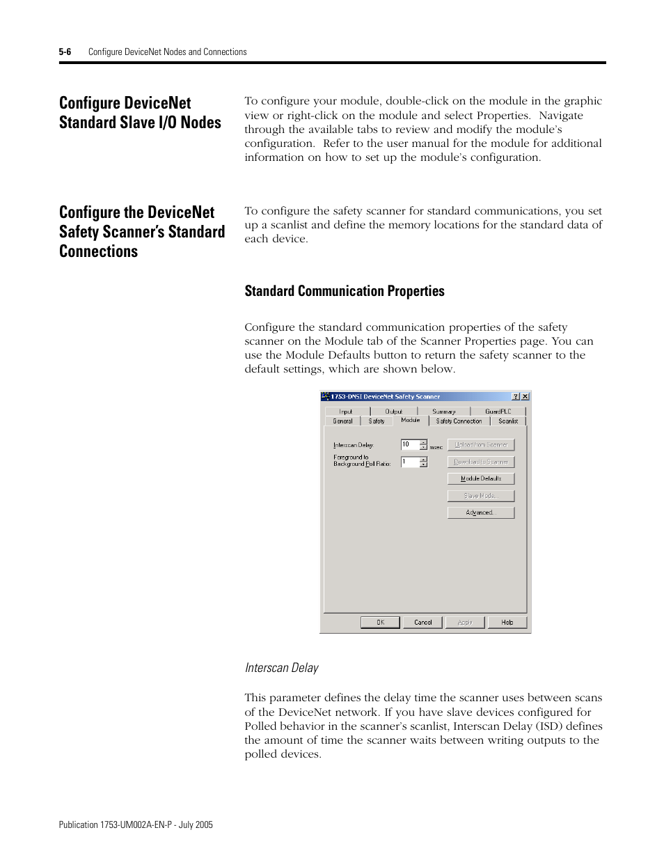 Configure devicenet standard slave i/o nodes, Standard communication properties -6 | Rockwell Automation 1753-DNSI DeviceNet Safety Scanner for GuardPLC Controllers User Manual | Page 48 / 132