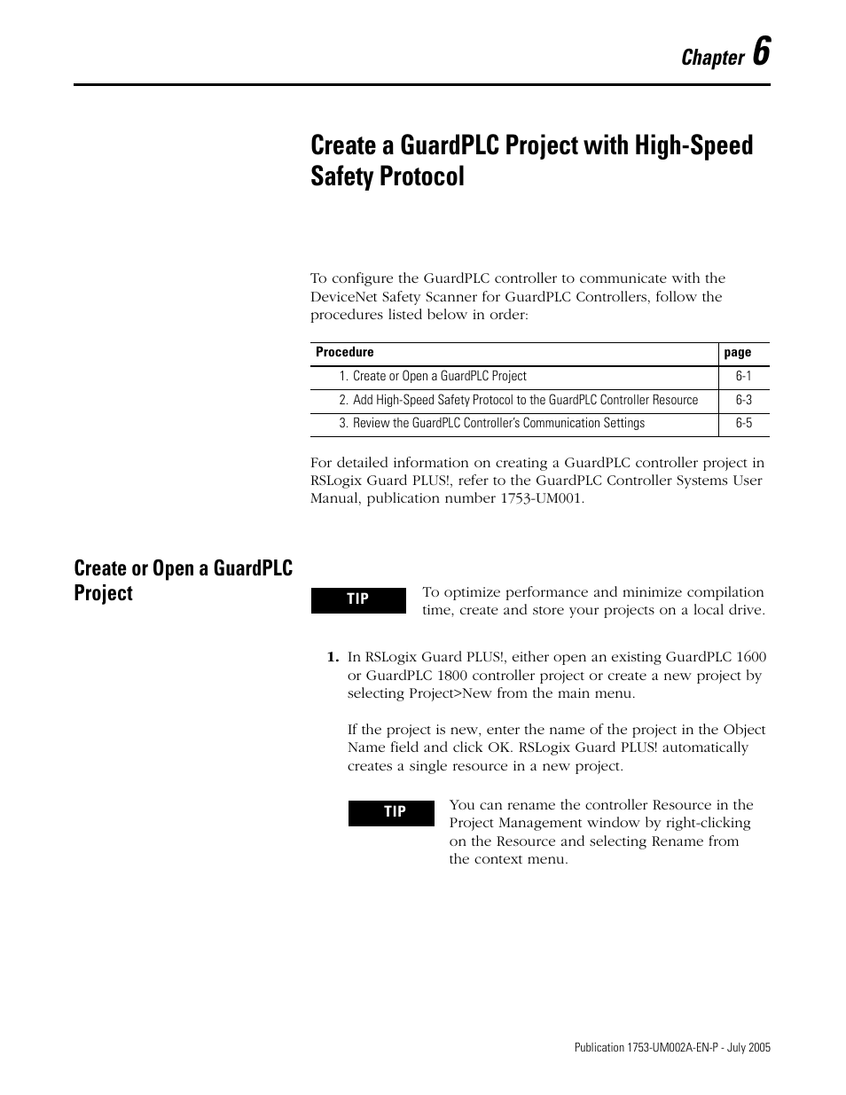 Create or open a guardplc project, Chapter 6, Create or open a guardplc project -1 | Chapter | Rockwell Automation 1753-DNSI DeviceNet Safety Scanner for GuardPLC Controllers User Manual | Page 57 / 132