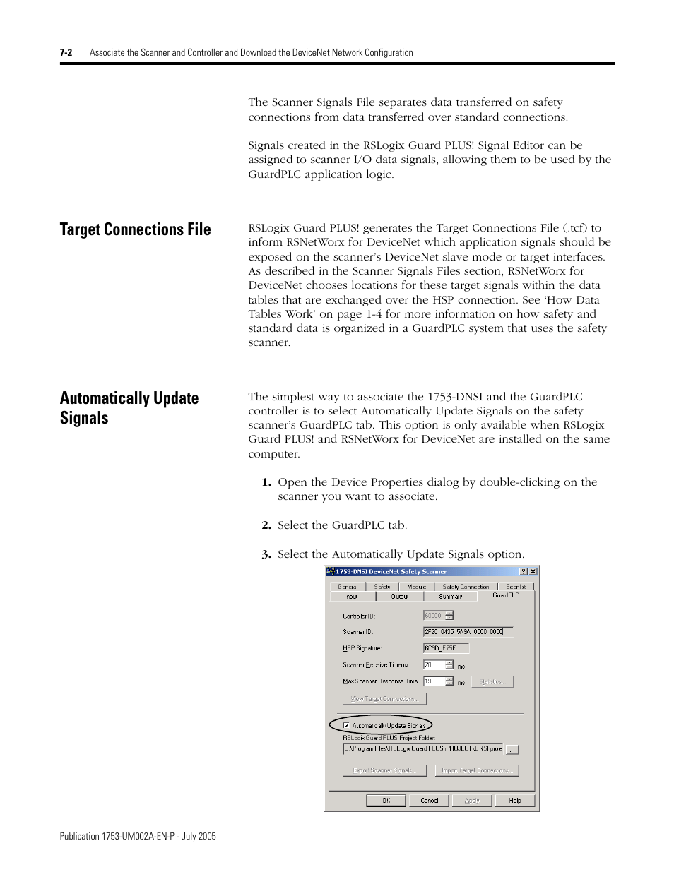 Target connections file, Automatically update signals | Rockwell Automation 1753-DNSI DeviceNet Safety Scanner for GuardPLC Controllers User Manual | Page 64 / 132