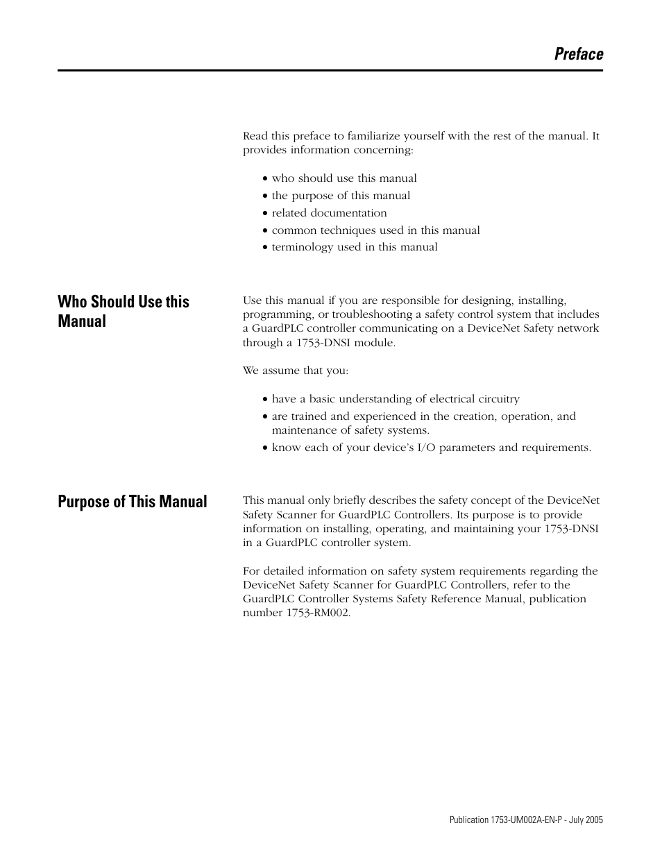 Preface, Who should use this manual, Purpose of this manual | Rockwell Automation 1753-DNSI DeviceNet Safety Scanner for GuardPLC Controllers User Manual | Page 7 / 132