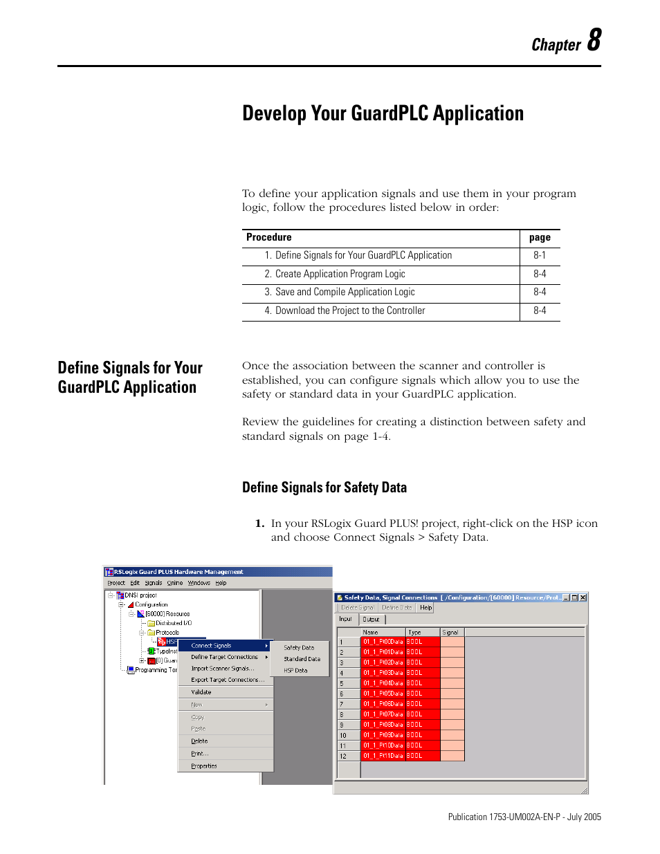 8 - develop your guardplc application, Define signals for your guardplc application, Chapter 8 | Develop your guardplc application, Define signals for your guardplc application -1, Define signals for safety data -1, Chapter | Rockwell Automation 1753-DNSI DeviceNet Safety Scanner for GuardPLC Controllers User Manual | Page 71 / 132