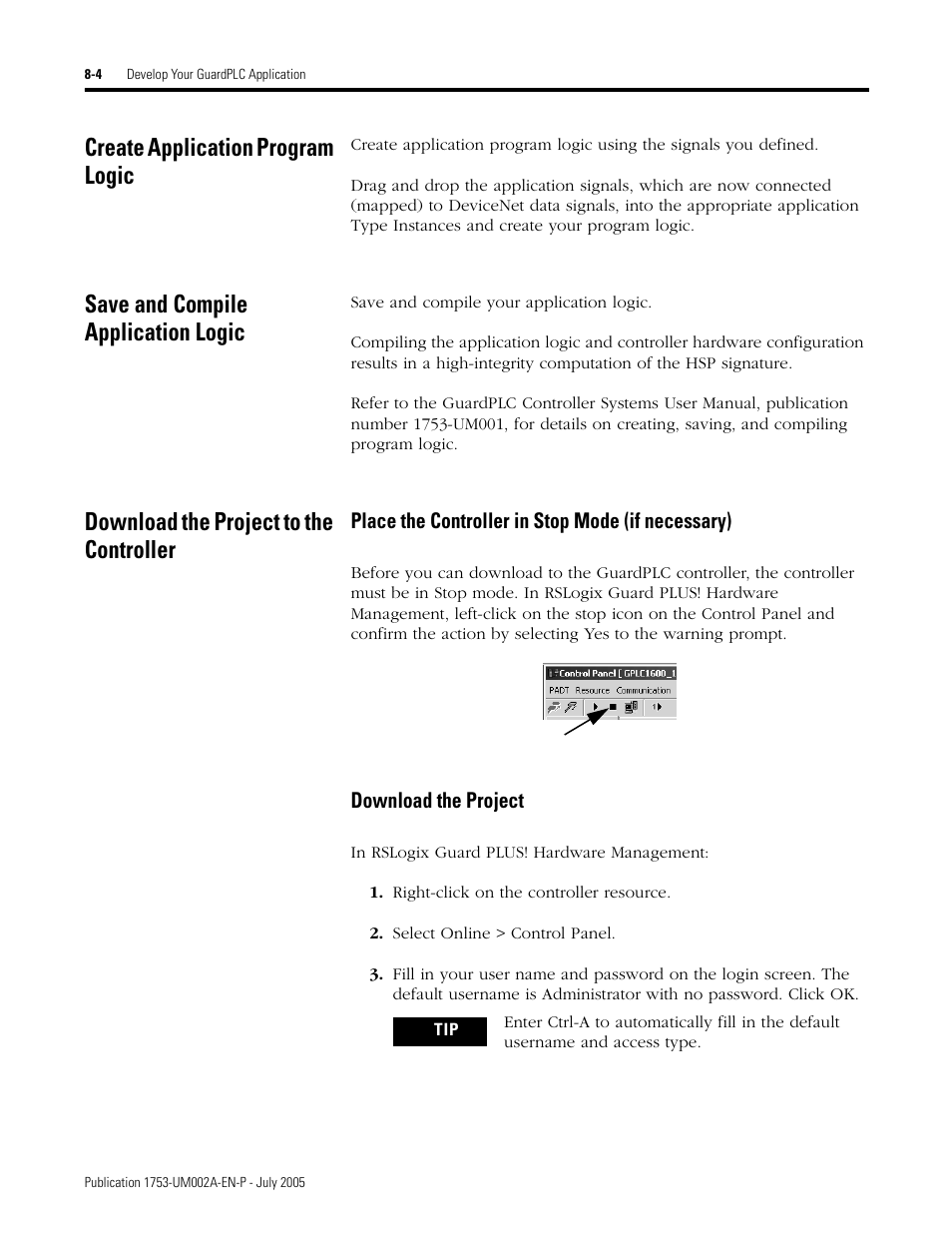 Create application program logic, Save and compile application logic, Download the project to the controller | Rockwell Automation 1753-DNSI DeviceNet Safety Scanner for GuardPLC Controllers User Manual | Page 74 / 132