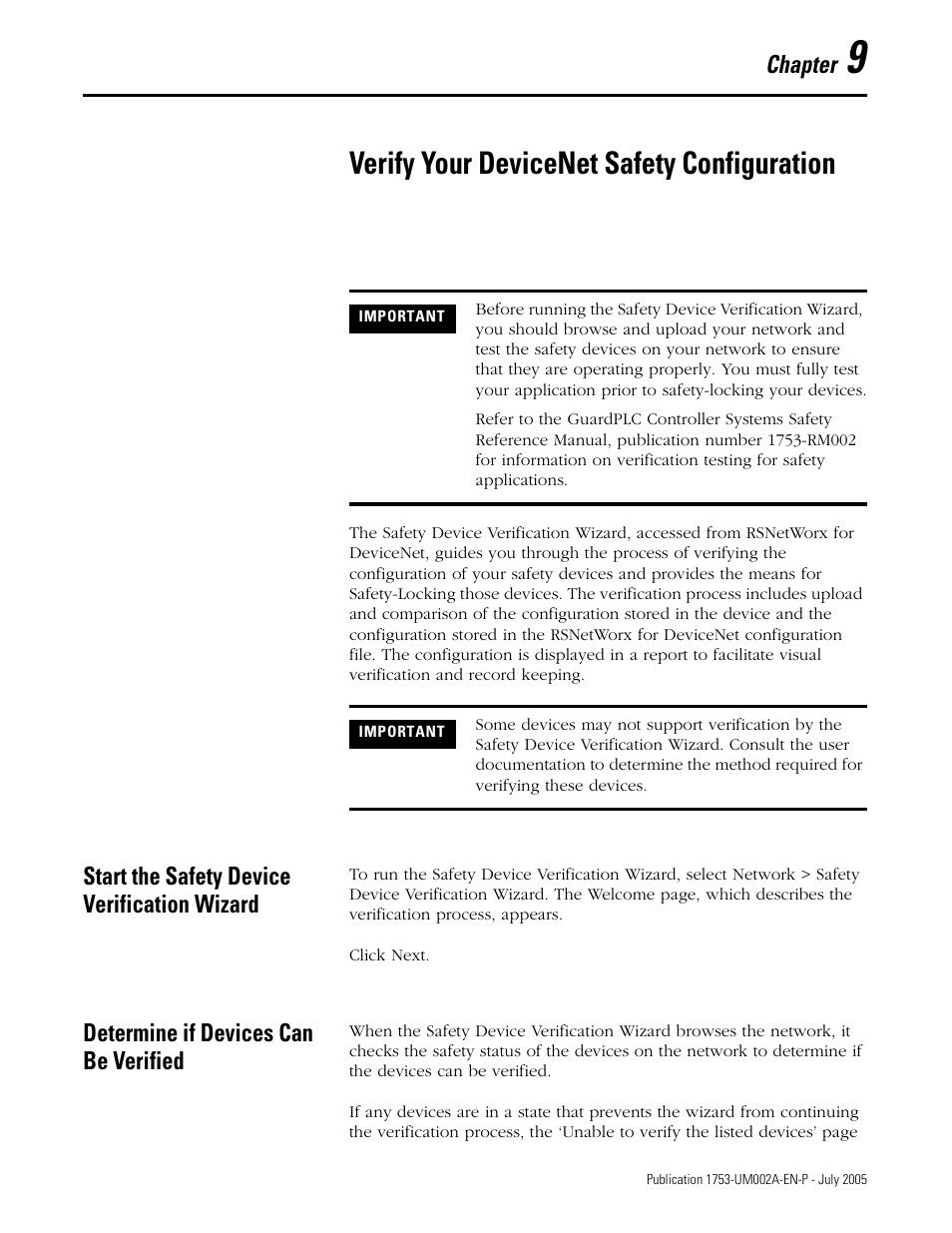 9 - verify your devicenet safety configuration, Start the safety device verification wizard, Determine if devices can be verified | Chapter 9, Verify your devicenet safety configuration, Chapter | Rockwell Automation 1753-DNSI DeviceNet Safety Scanner for GuardPLC Controllers User Manual | Page 77 / 132