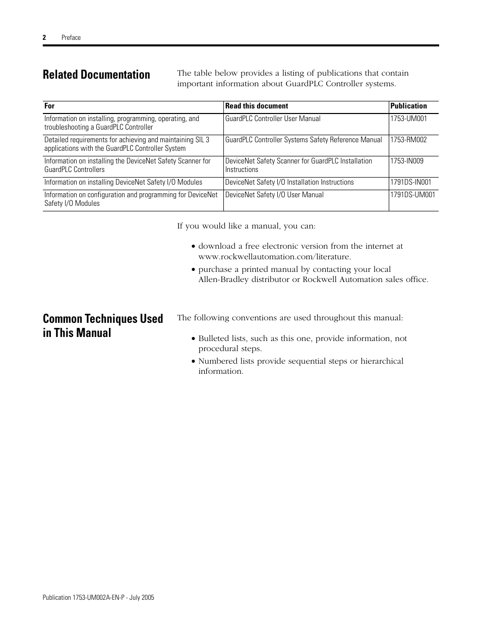 Related documentation, Common techniques used in this manual | Rockwell Automation 1753-DNSI DeviceNet Safety Scanner for GuardPLC Controllers User Manual | Page 8 / 132
