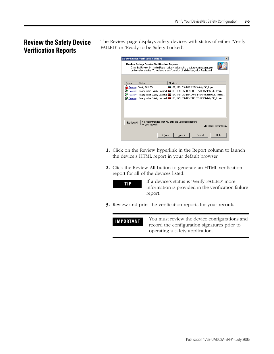 Review the safety device verification reports, Review the safety device verification reports -5 | Rockwell Automation 1753-DNSI DeviceNet Safety Scanner for GuardPLC Controllers User Manual | Page 81 / 132