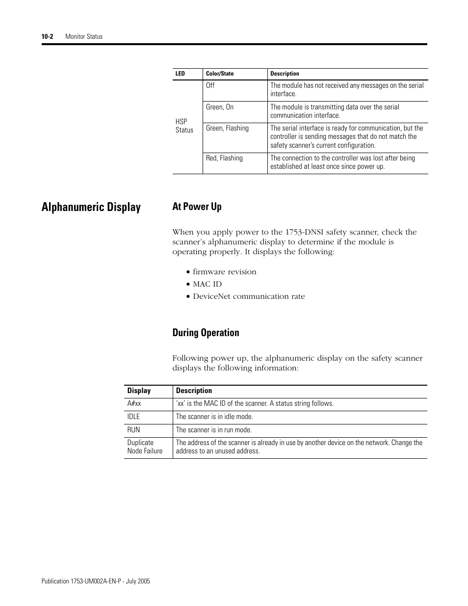 Alphanumeric display, Alphanumeric display -2, At power up -2 during operation -2 | At power up, During operation | Rockwell Automation 1753-DNSI DeviceNet Safety Scanner for GuardPLC Controllers User Manual | Page 86 / 132