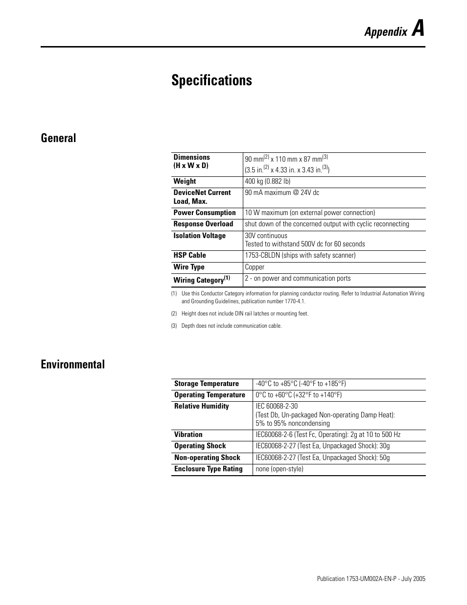 A - specifications, General, Environmental | Appendix a, Specifications, Appendix, General environmental | Rockwell Automation 1753-DNSI DeviceNet Safety Scanner for GuardPLC Controllers User Manual | Page 99 / 132