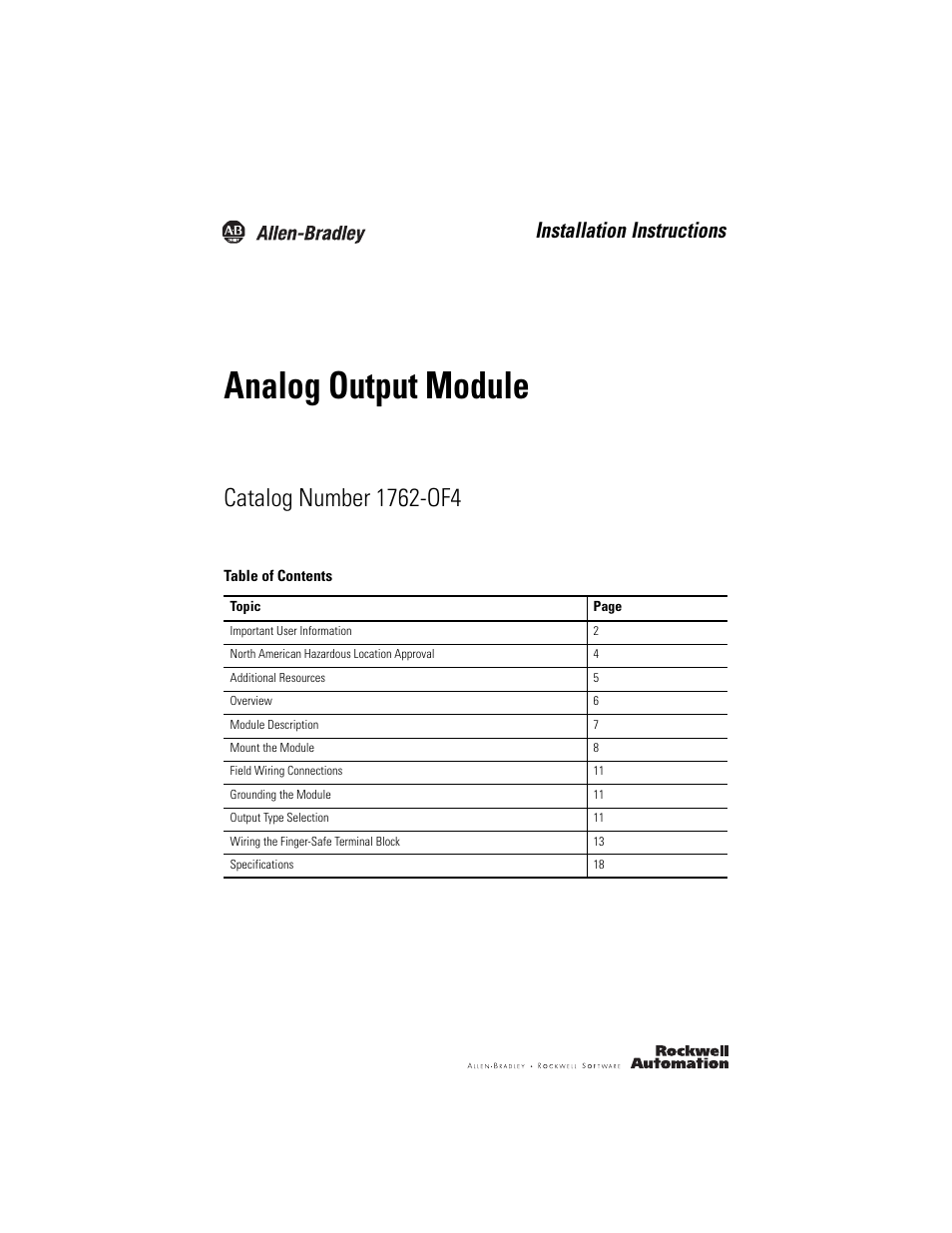 Rockwell Automation 1762-OF4 MicroLogix Analog Output Module User Manual | 24 pages