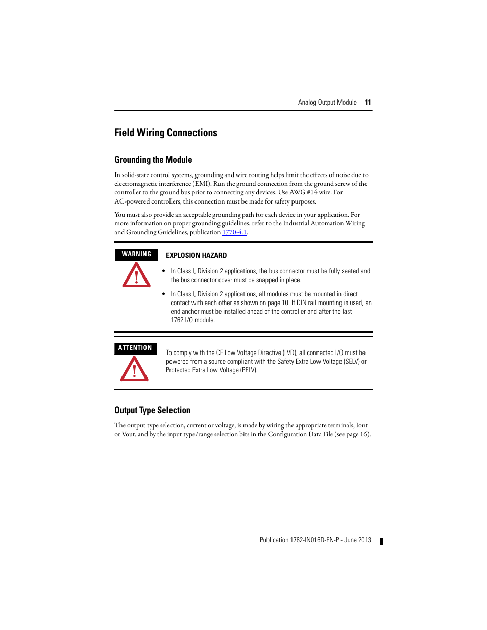 Grounding the module, Output type selection, Field wiring connections | Rockwell Automation 1762-OF4 MicroLogix Analog Output Module User Manual | Page 11 / 24